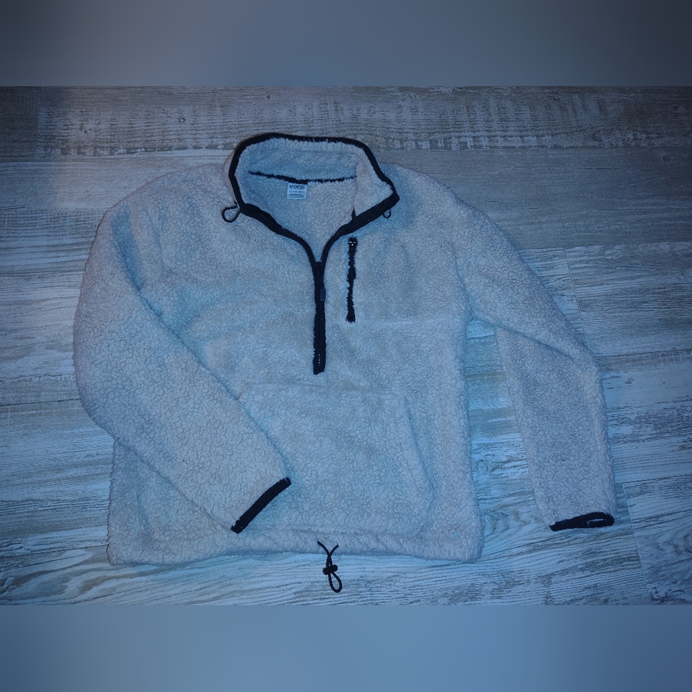 Victoria's Secret Cream Sherpa Half-Zip Hoodie with Black Trim